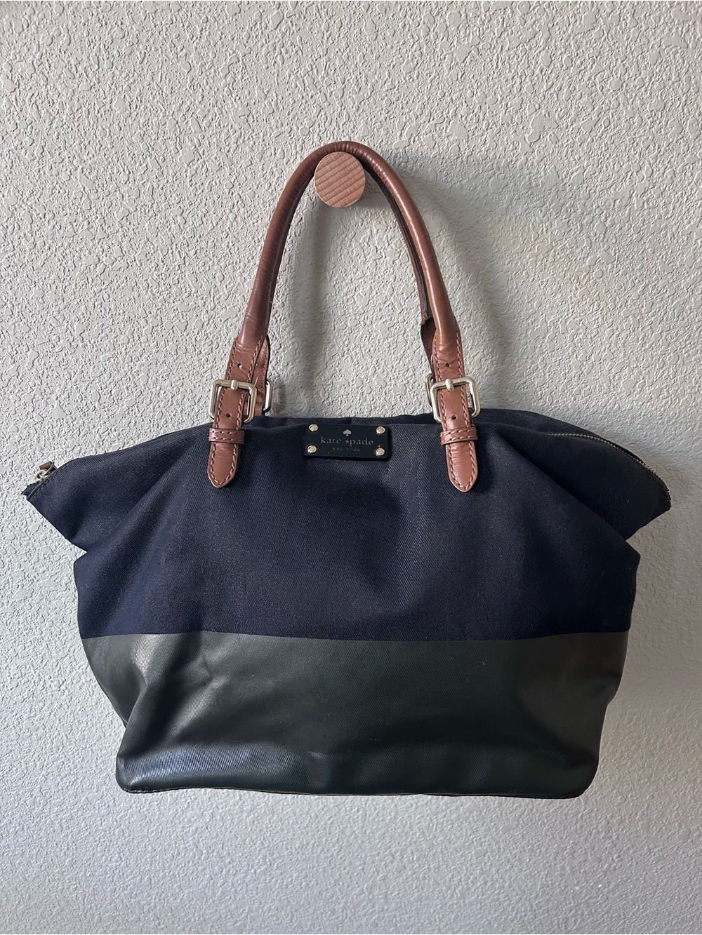 Kate Spade Dixon Blaine Satchel Bag Indigo Blue Canvas & Dark Leather Base
